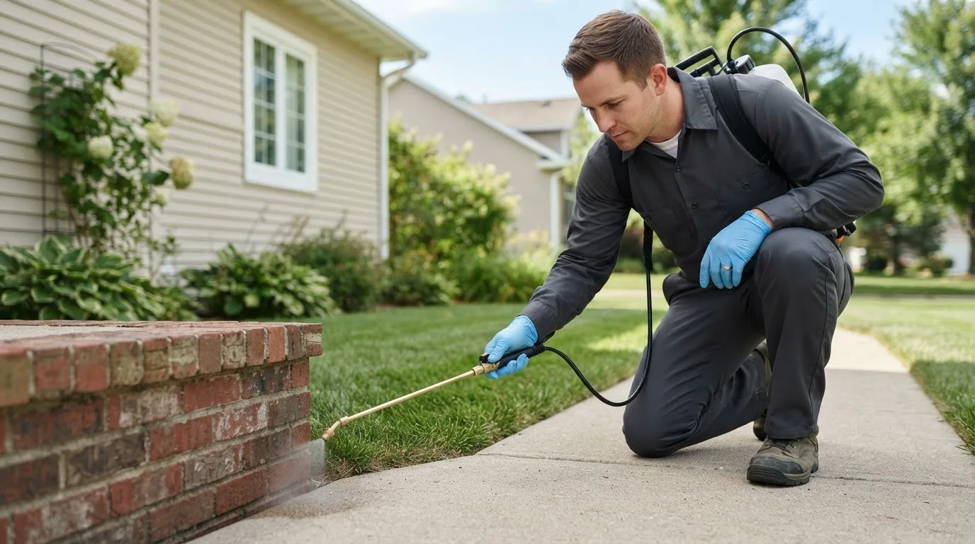 Pest control technician treating a home near Devine, TX