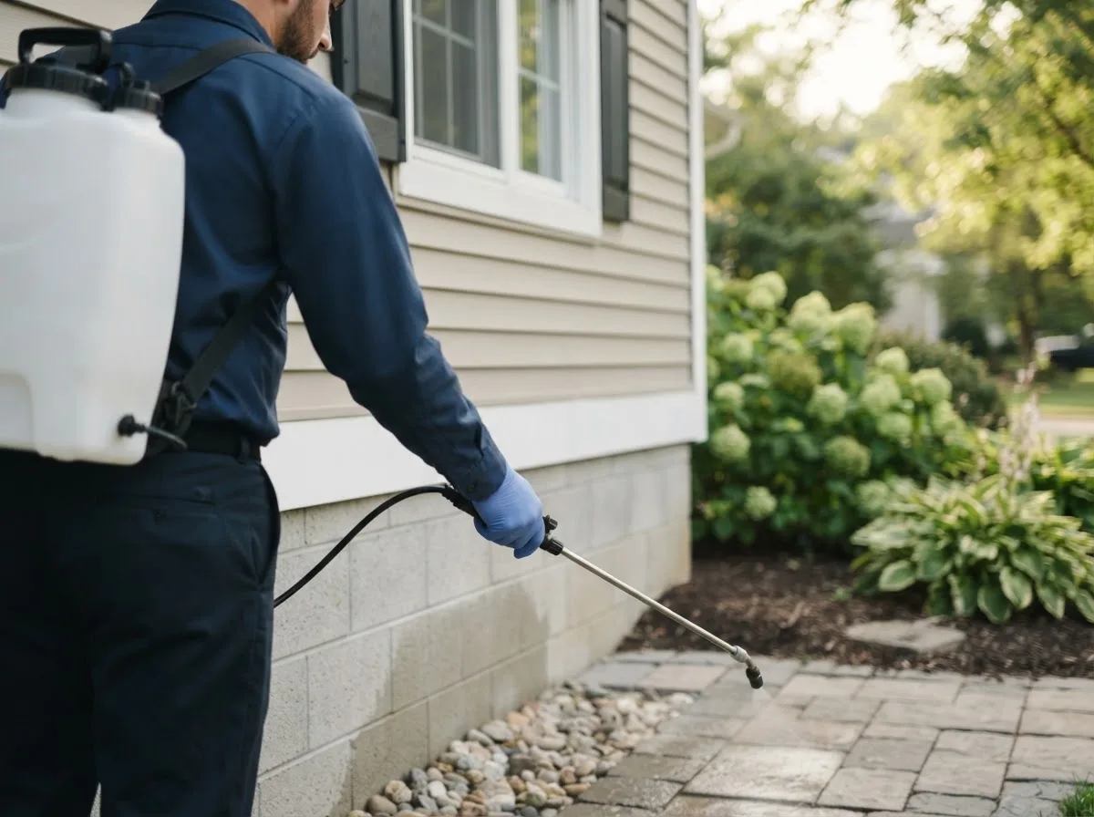 Pest control technician inspecting a home in Devine, TX